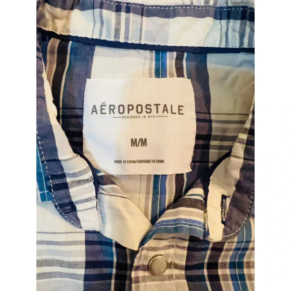 Aeropostale Mens Blue White Plaid Western Pearl Snap Button Down Shirt Medium
